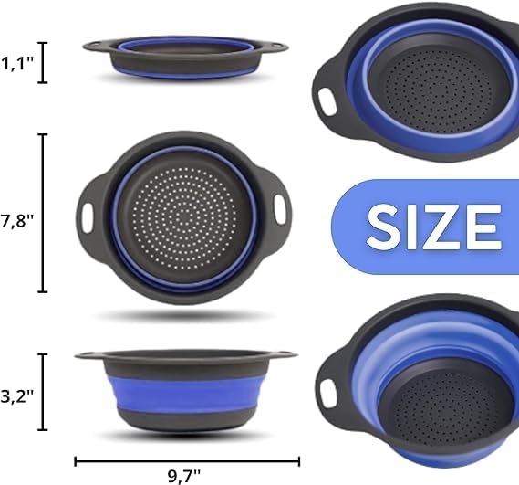 Blue Round Silicone Collapsible Colander – Silicone Round Kitchen Strainers - Image 2