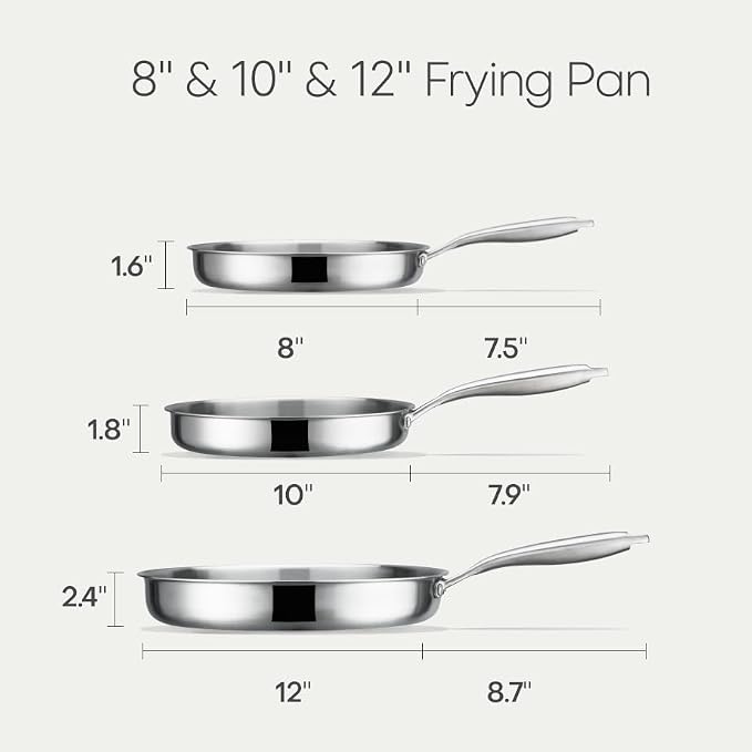CAROTE 3-Piece Tri-Ply Stainless Steel Frying Pan Set, Skillet Set 8"/10"/12" - Image 2