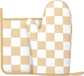 Checkered Beige Silicone Oven Mitts Pan Mats Set of 2, Heat Resistant Gloves by Cayiibe