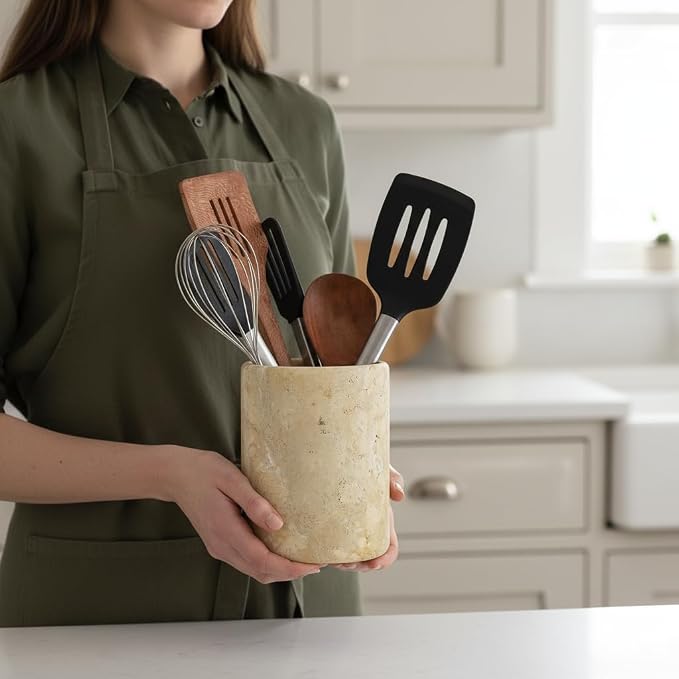 Marble Utensil Holder 6.5 Inch Travertine Utensil Caddy, Wooden Cooking - Image 3