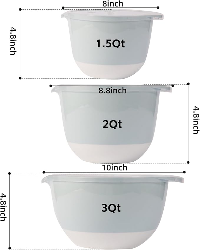 3 Plastic Mixing Bowls with Lids, Pour Spout, TPR Bottom, Mixing Bowl Set - Image 3