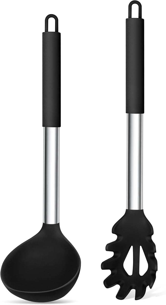 TeamFar Silicone Pasta Fork and Ladle Spoon Set, Serving Soup, Healthy & by TeamFar