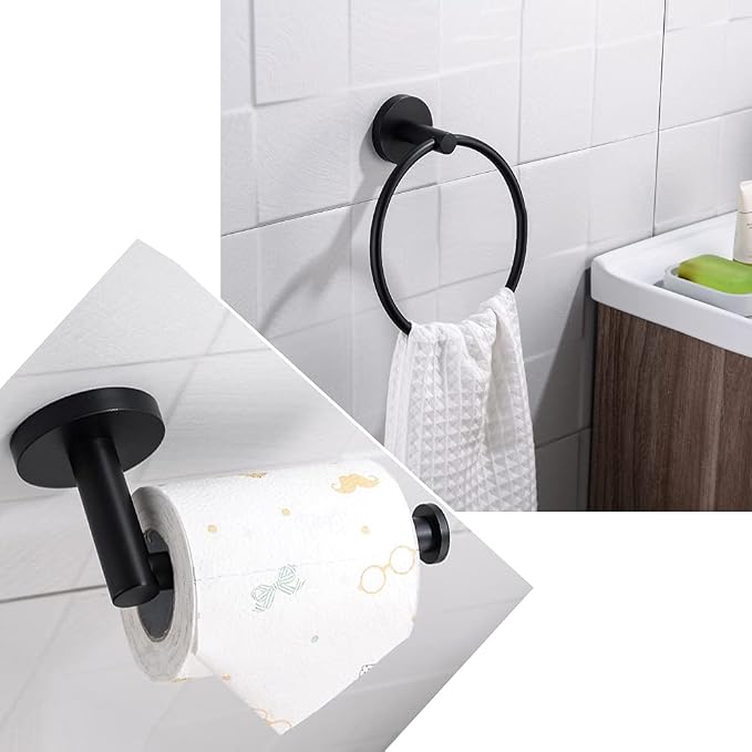 4pcs Matte Black Toilet Paper Holder and Towel Ring Set, Stainless Steel Hand - Image 7
