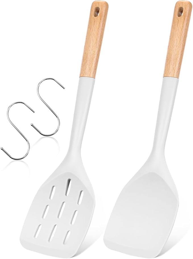 Pack of 2 Silicone Spatula, Non Stick Cooking Utensil Set Wooden Handle Kitchen by BADIANO