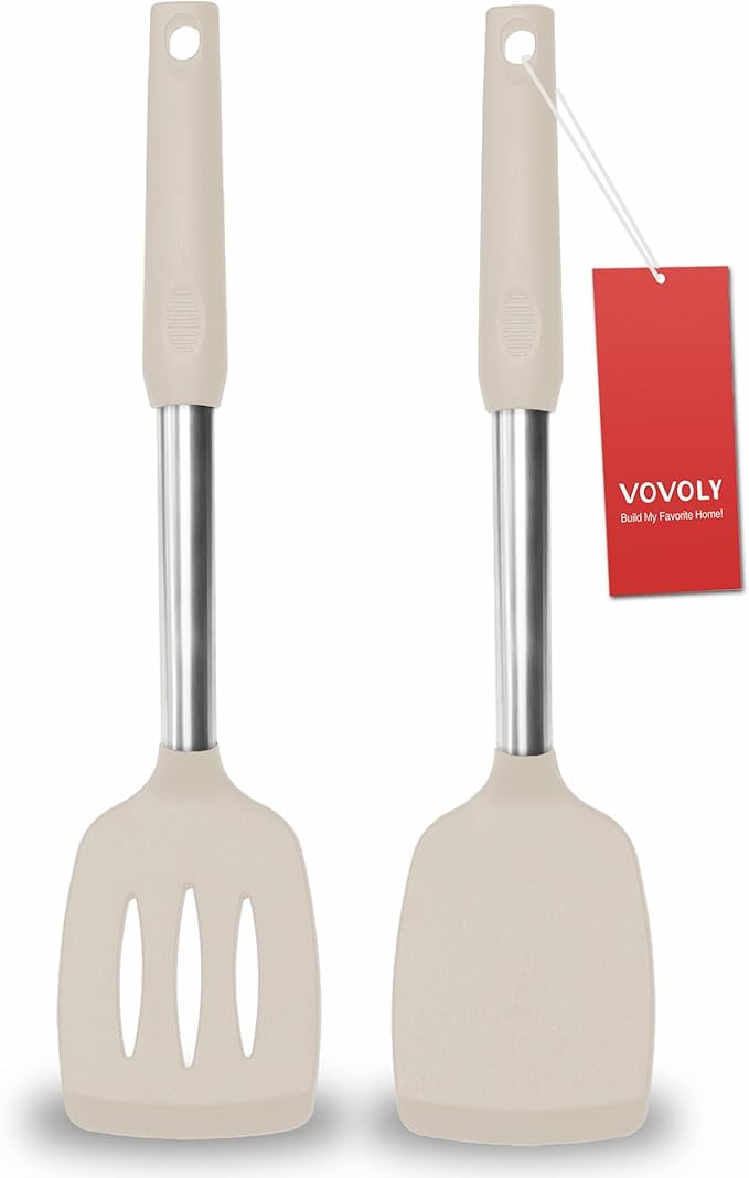 2 Pack Spatulas, Solid & Slotted Silicone Spatula Set, Stainless Steel Handle by VOVOLY
