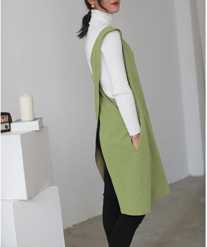 Cotton Linen Japanese Apron Halter Cross Back Bandage X Shape Aprons Two Pockets - Image 5