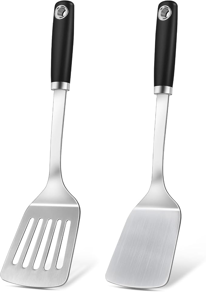 2 Pcs Silicone Stainless Steel Spatulas Set, Metal Spatula Solid & Slotted by Unknown