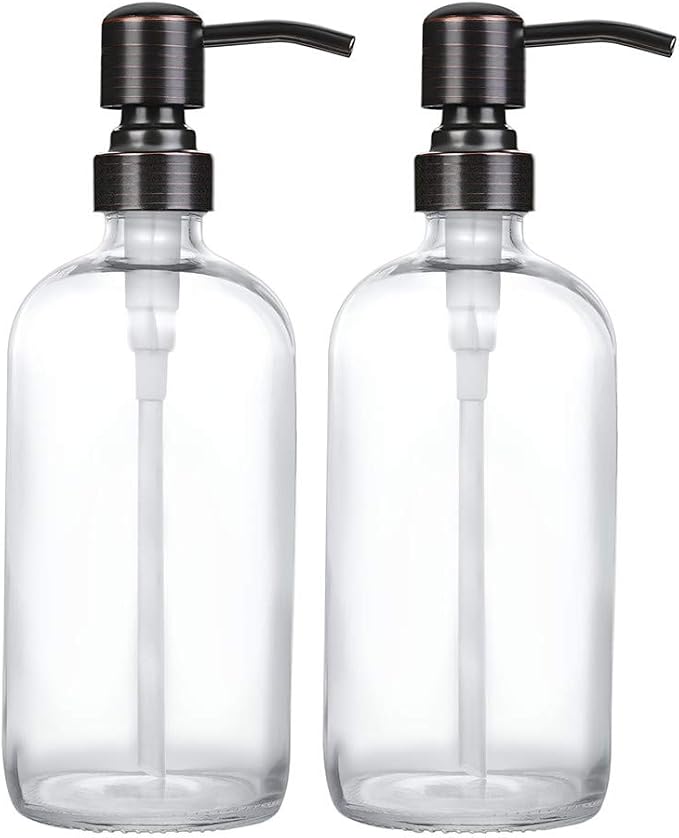 2 Pack Thick Clear Glass Boston Round Bottles /Oil Rubbed Bronze Stainless by Unknown
