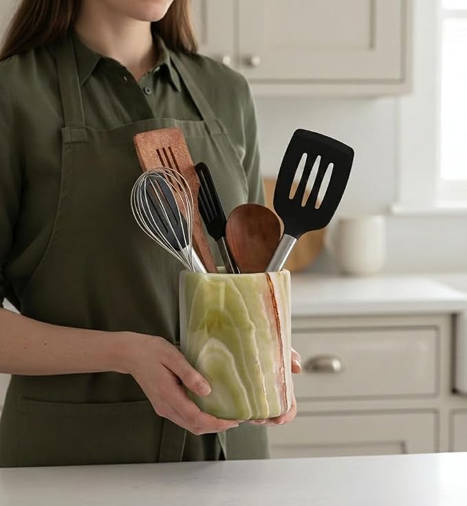 Marble Utensil Holder 6.5 Inch Green Wooden Cooking Utensils Set & Spatula - Image 4