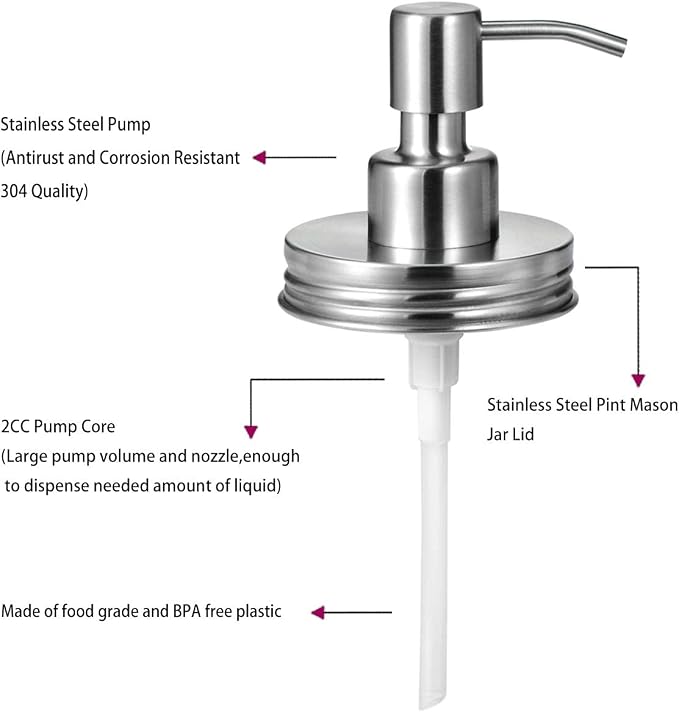 Amolliar Mason Jar Liquid Soap Dispenser Lids, 304 Stainless Steel Pump16oz - Image 4