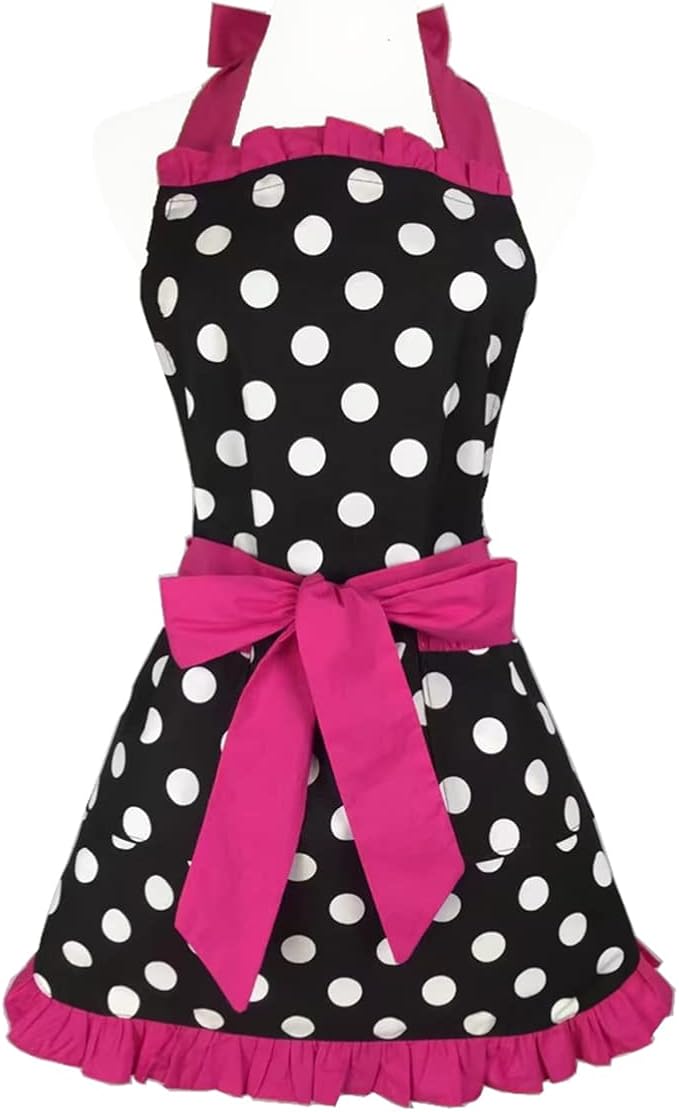 Hyzrz Cute Apron Retro Black Polka Dot Retro Ruffle Side Vintage Cooking Aprons by Hyzrz