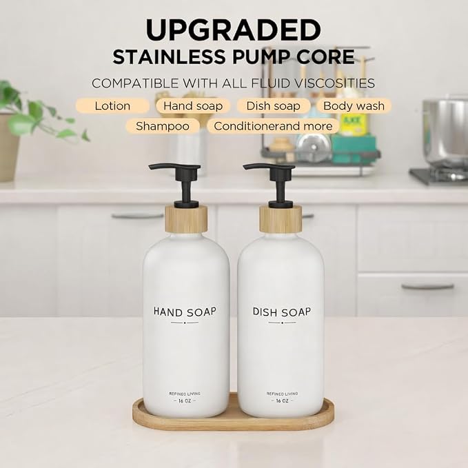 Hand and Dish Soap Dispenser Set, 16oz Glass Bottles - Image 4