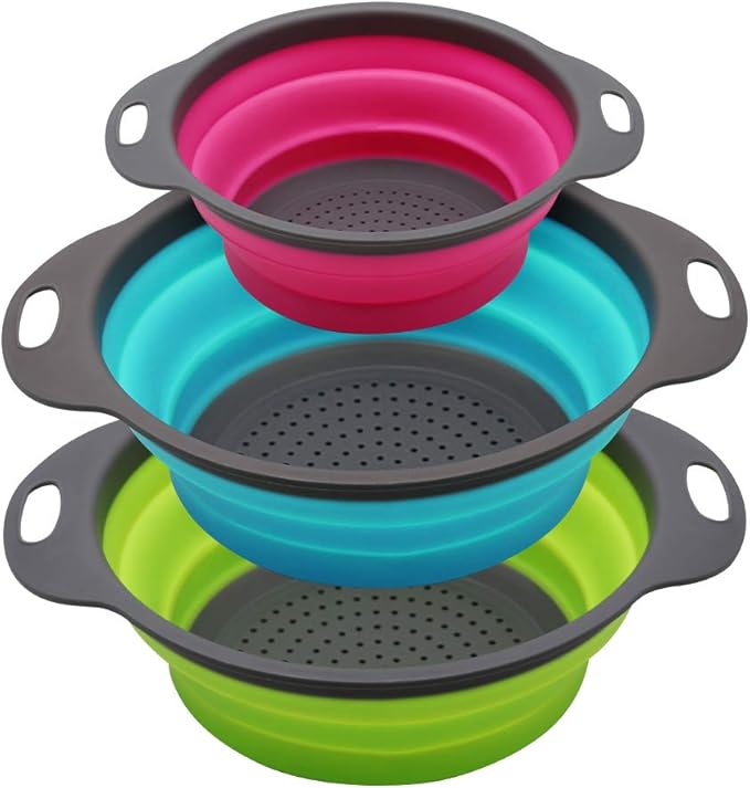 Qimh Collapsible Colander Set of 3 Round Silicone Kitchen Strainer Set by Qimh
