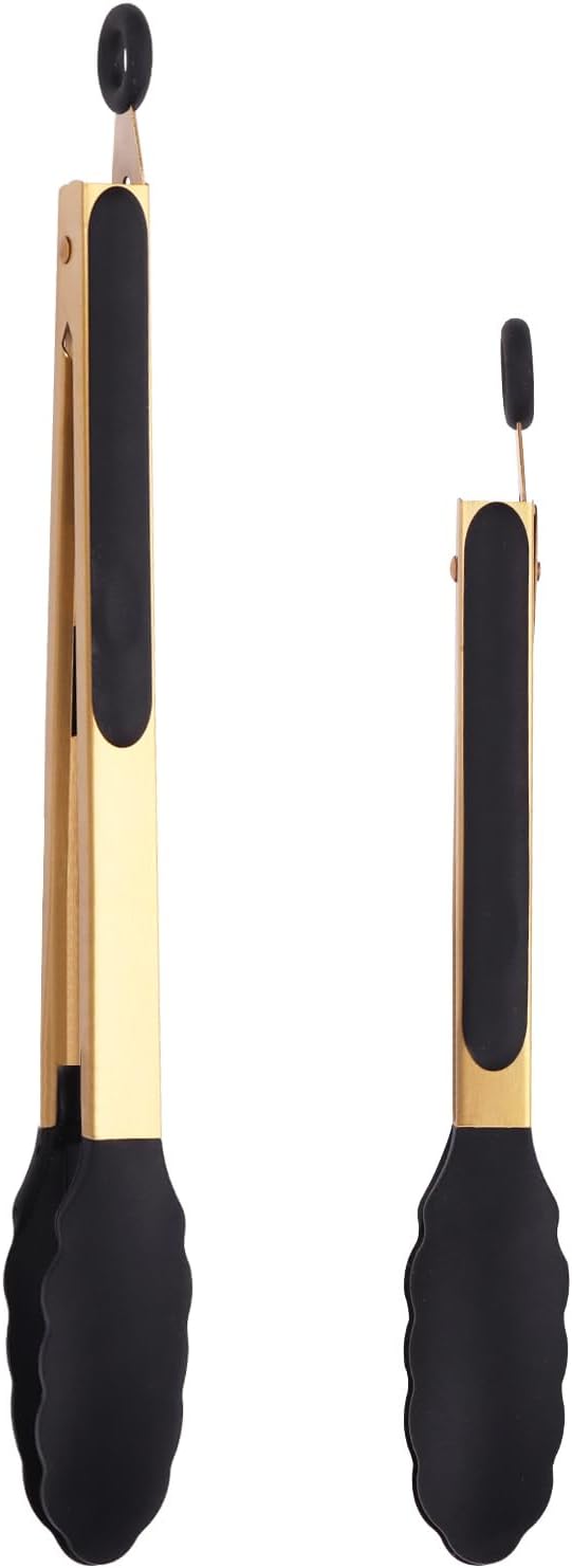 Stainless Steel Classic Kitchen Serving Food Party Gold Tongs 9" and 12" by Mafier