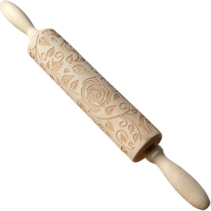 Wooden Rolling Pin, Rose Flower Embossed Engraved Carved Rolling Pin, - Image 8