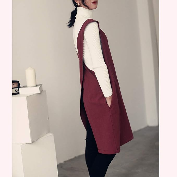 Cotton Linen Japanese Apron Halter Cross Back Bandage X Shape Aprons Two Pockets - Image 3