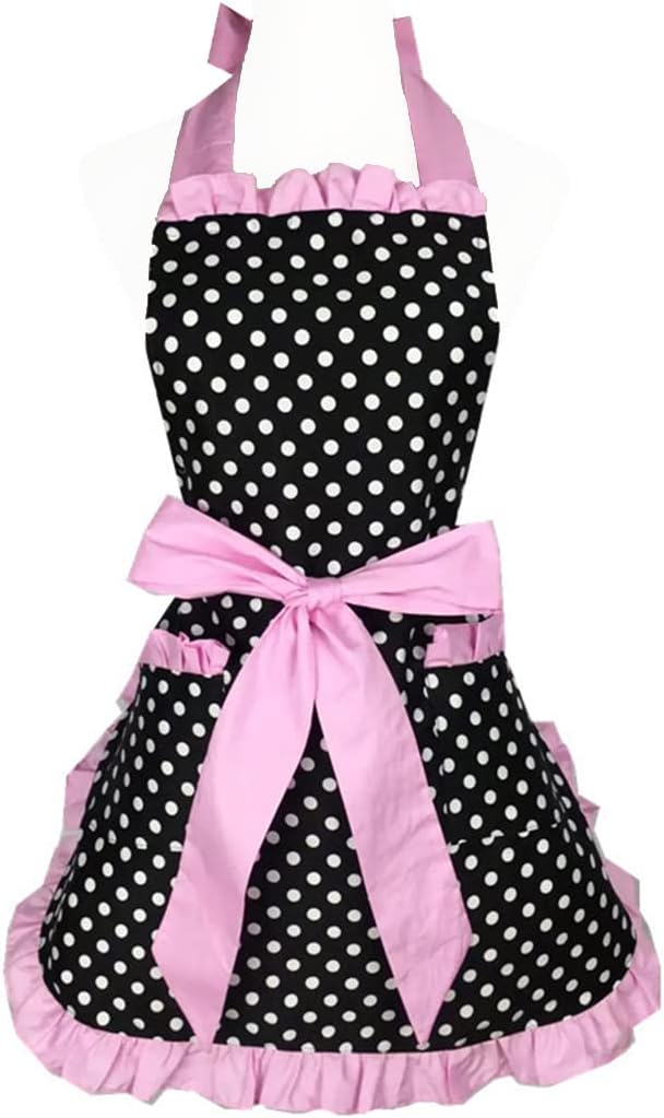 Hyzrz Cute Apron Retro Black Polka Dot Retro Ruffle Side Vintage Cooking Aprons by Hyzrz