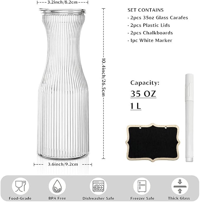 INSETLAN 1 Liter Ribbed Glass Carafe - Image 3