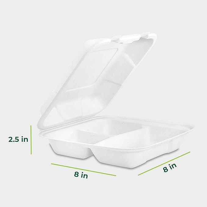 Freshware Compostable Clamshell Food Containers 3-Compartment 50-Pack, - Image 3