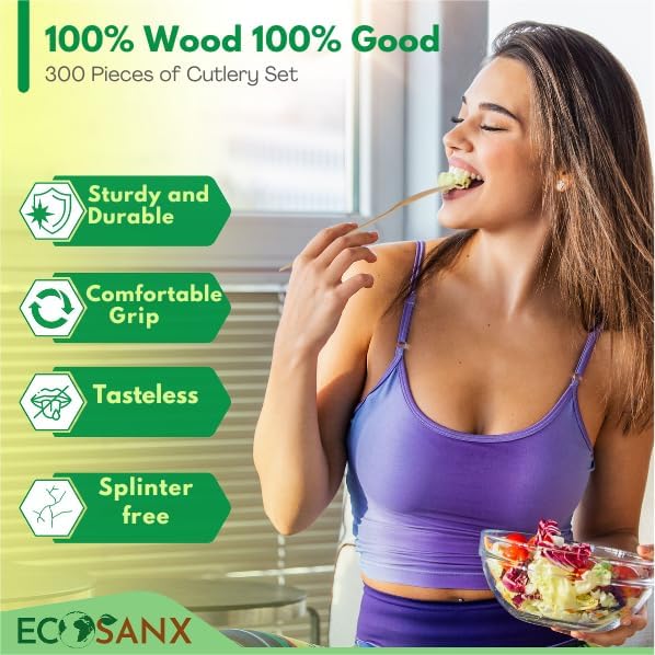 ECOSANX® 300 PCs Wooden forks for eating 6.5" Splinter Free Compostable Forks - Image 5