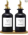 Olive Oil Dispenser Set, 2 x 11.8oz Black Glass Bottles by Gelury