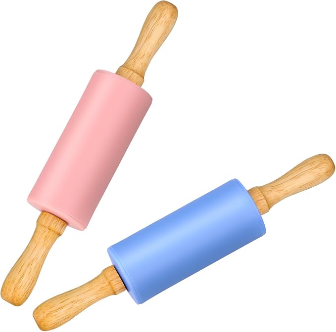 Mini Silicone Rolling Pin for Kids, Non-stick Surface Wood Handle, 9 Inch 2 Pack by Honglida