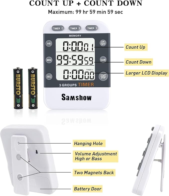 Digital Kitchen Timer Dual Timers 3 Channels Count UP/Down Cooking Timer Large - Image 6