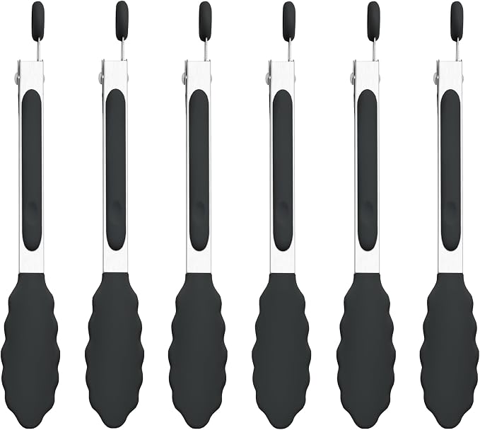 7-Inch Silicone Tongs Pack of 6, Small Stainless Steel Tongs by DAILYKISN
