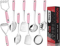 18/0 Stainless Steel Cooking Utensils Set, Heavy Duty Pink Handle by MUJINON