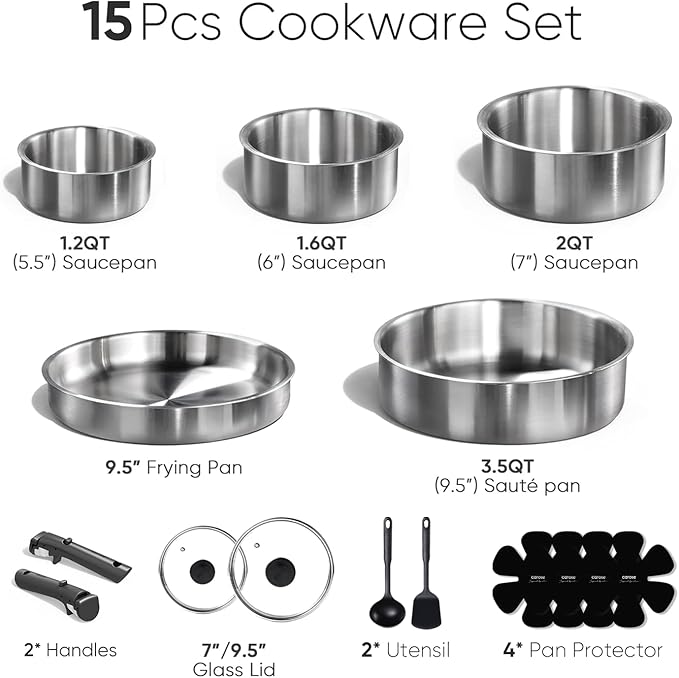 CAROTE Pots and Pans Set, Stainless Steel Cookware Set Detachable Handle - Image 2