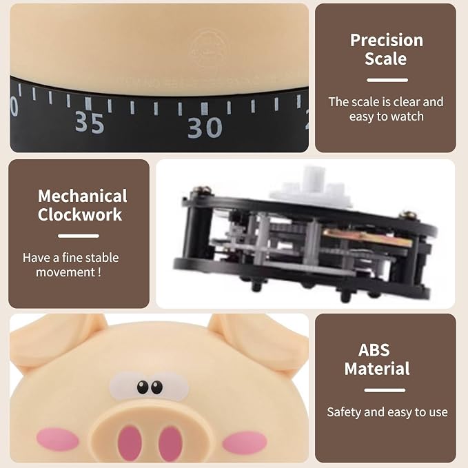 Cute Kitchen Timer, Piggy Wind up Timer Cooking Manual Kitchen Funny Mechanical - Image 8