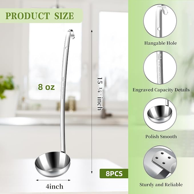 8pcs Stainless Steel Ladle 8 Oz Soup Ladle 14" long Spoon Heavy-Duty Metal - Image 3