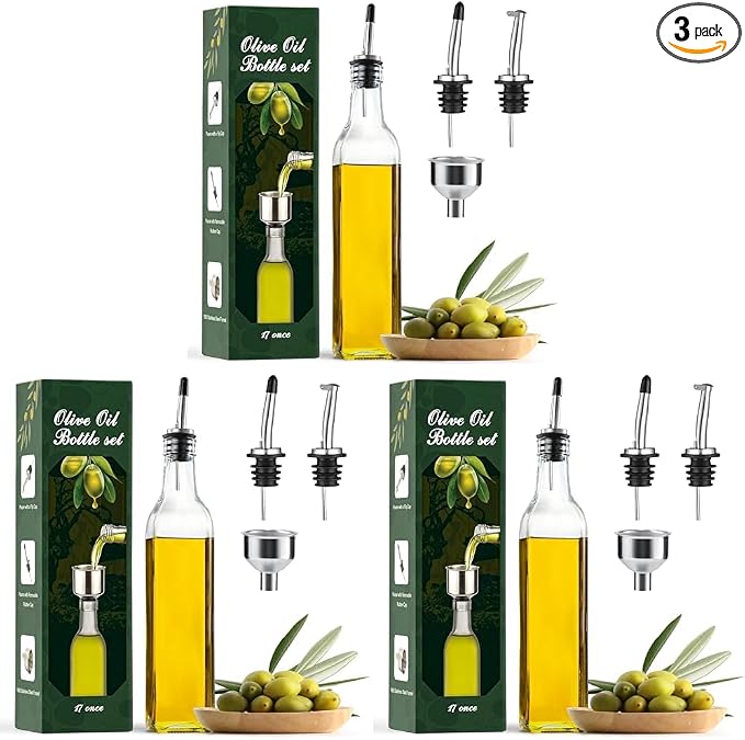 AOZITA Glass Oil Dispenser Bottle, 500ml | Pack of 3 | Includes Pourers and by AOZITA