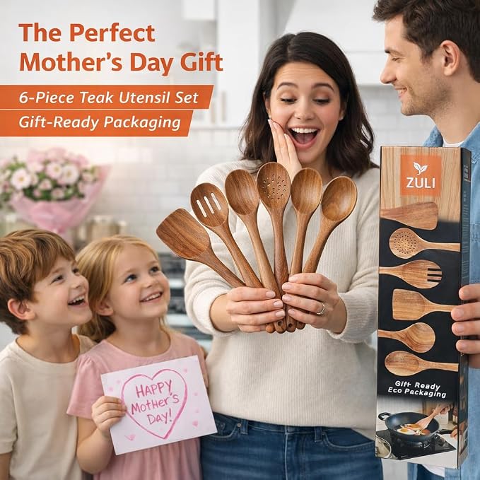 6-Piece Teak Wooden Cooking Utensil Set – Wooden Spoons & Spatulas - Image 2
