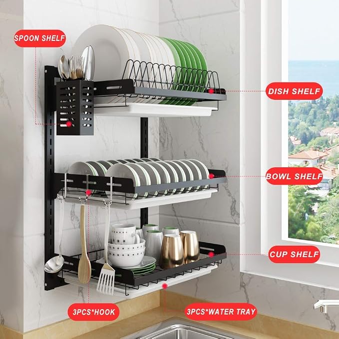 junyuan Hanging Dish Drying Rack Wall Mount, Dish Racks Drainer, 3 Tier Kitchen - Image 2
