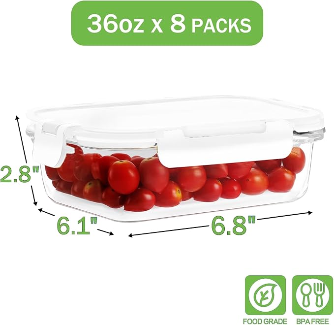 8 Pack 36oz Large Glass Meal Prep Containers - Image 2