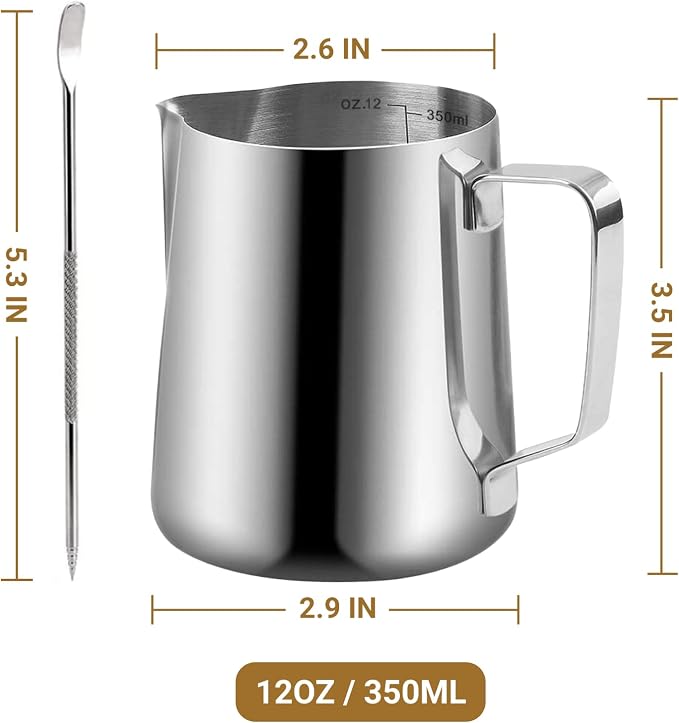 Milk Frothing Pitcher, 350ml/12oz Milk Frother Cup Stainless Steel Jug Steaming - Image 6
