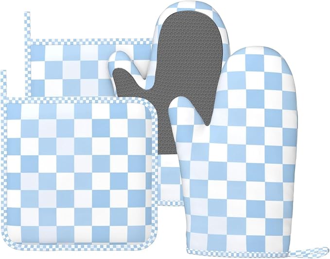 Oven Mitts and Pot Holders Set, Checkerboard Pattern Pastel Blue Silicone by DADABULIU