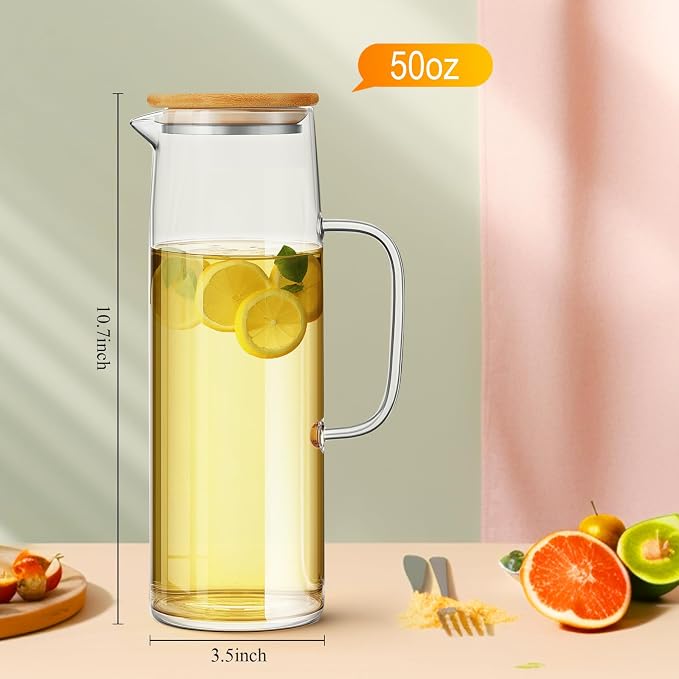 Hsei 2 Sets Glass Pitcher with Lid, 50 oz / 1500 ml Water Carafe with Handles - Image 2