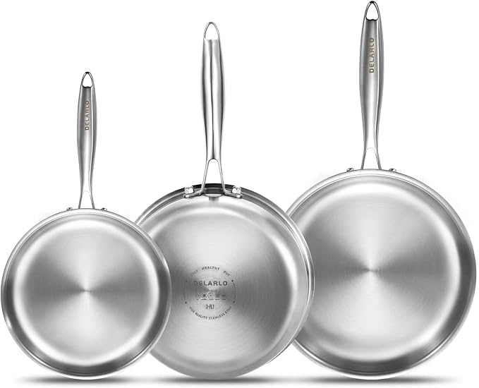 DELARLO Whole Body Tri-Ply Stainless Steel Frying Pan set, 8”/10”/12” Cooking by DELARLOCOOKWARE