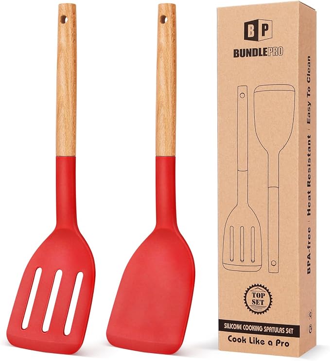 Pack of 2 Silicone Cooking Spatula, Heat Resistant Solid Turner, Non Stick by BUNDLEPRO