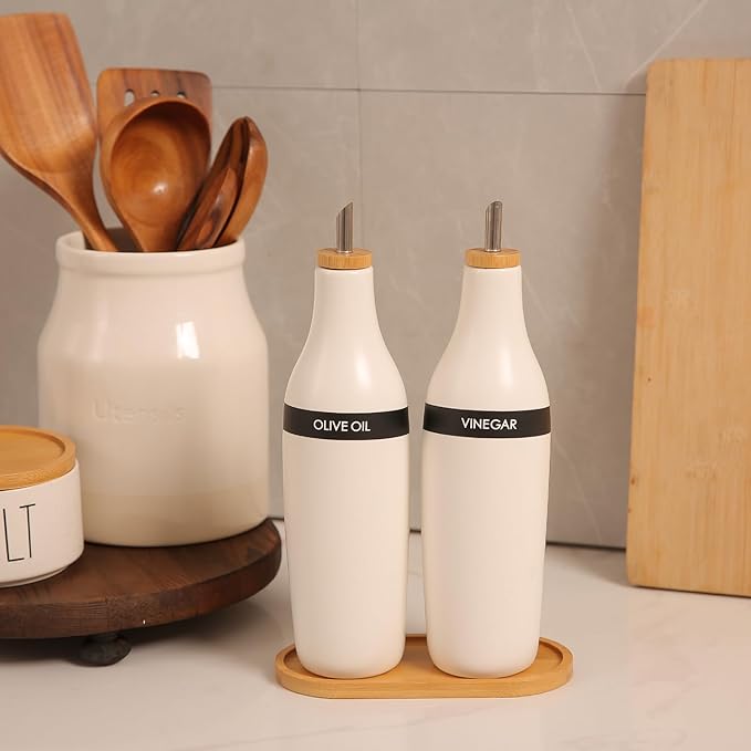 HOMCDALY Olive Oil and Vinegar Dispenser Set, Two 16oz Ceramic Oil Dispenser - Image 2