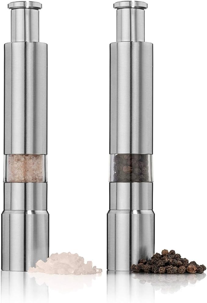 Salt and Pepper Grinder Set of 2, Stainless Steel Push Button Grinder Modern by Shker