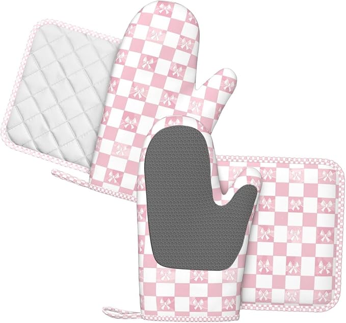 Oven Mitts and Pot Holders Pink Check Bow Pattern Silicone Kitchen Accessories - Image 2