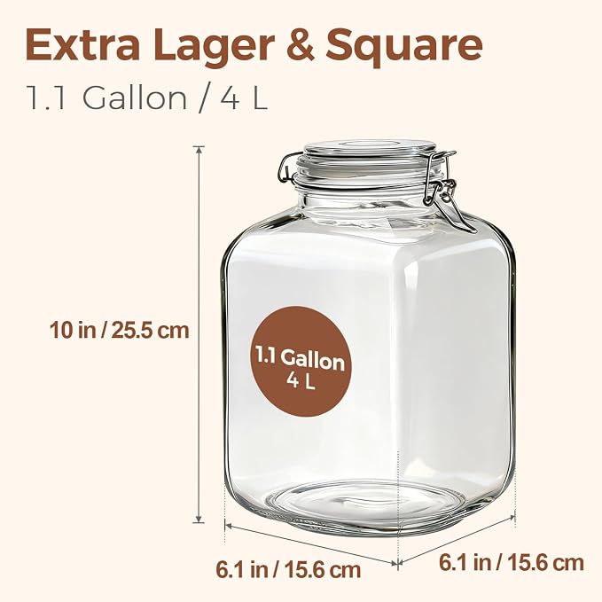ComSaf Set of 2 Square Glass Jars, 1.1 Gallon Large Airtight Canisters - Image 2
