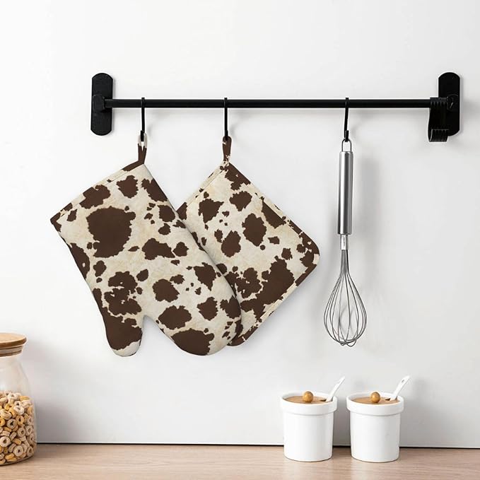 Brown Cowhide Oven Mitts and Pot Holders Sets Silicone Brown Cow Print Kitchen - Image 7