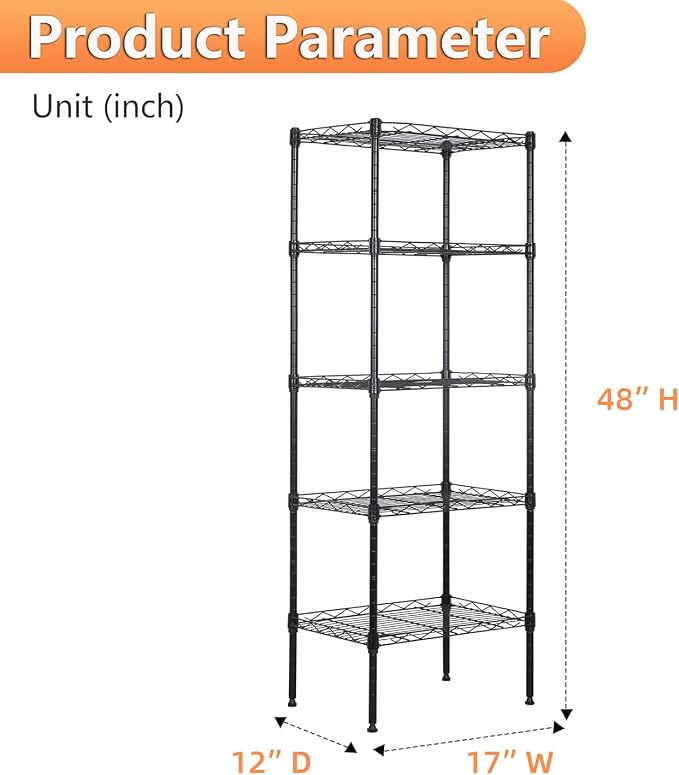 BestOffice | 5-Tier Wire Storage Shelves | 17x12x48 | Black | - Image 3