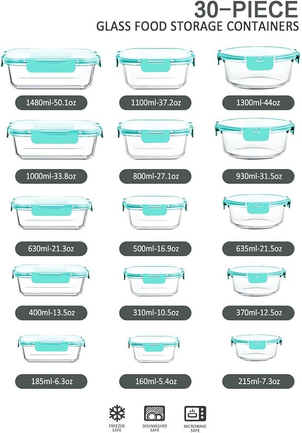 30 Pieces Glass Food Storage Containers - Image 2