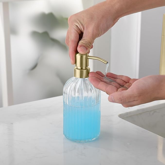 Gold Glass Soap Dispenser with Rust Proof Metal Pump, Vintage & Antique Design - Image 4