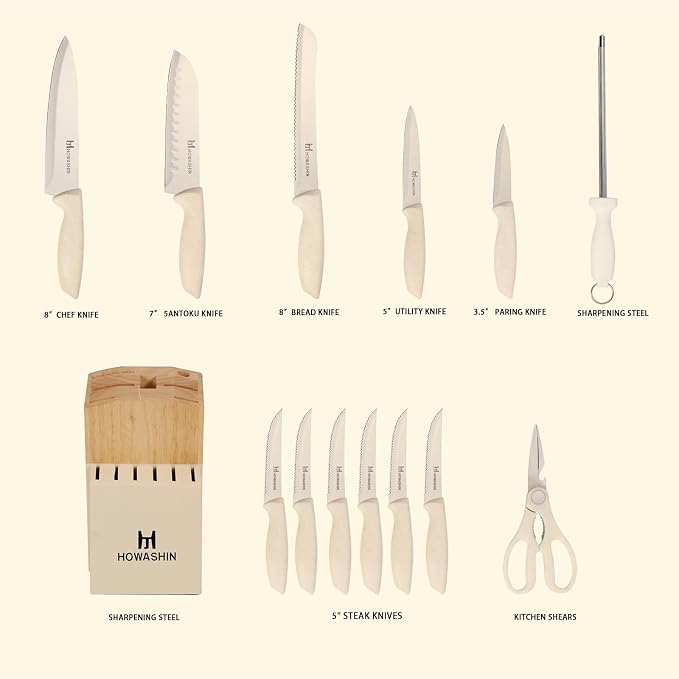 White Knife Set, Howashin 15 Pieces Kitchen Knife Set - Image 3